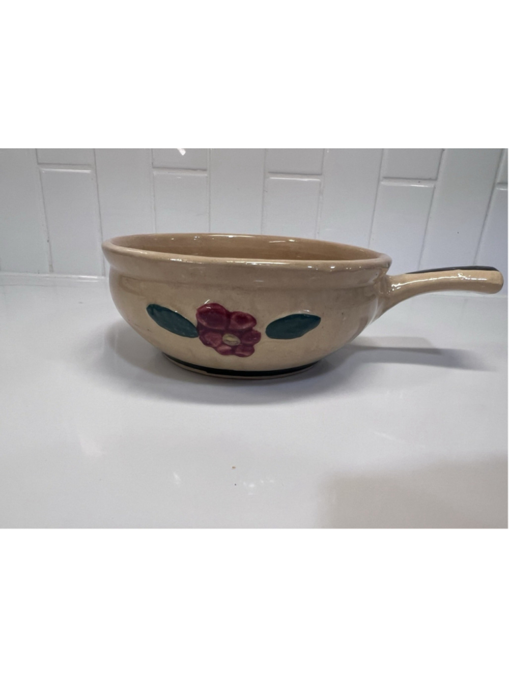 Watt Pottery Raised Pansy Wild Rose Flowers French Handled Individual Casserole